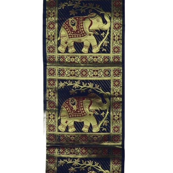 Vintage Navy & Gold Embroidered Elephant Wall Decor Tapestry Made in India - Picture 2 of 5
